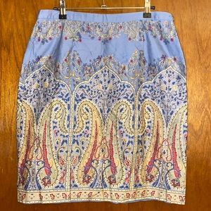 Talbots 100% Cotton Paisley Side Zipper Side Vent Skirt-Size 12-Blue, Tan, Red